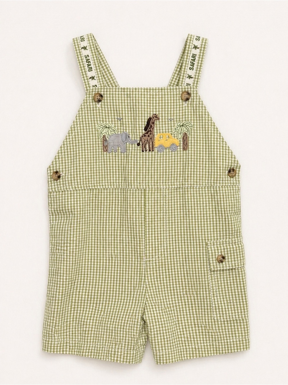Kids Green Gingham Safari Embroidered Shortalls